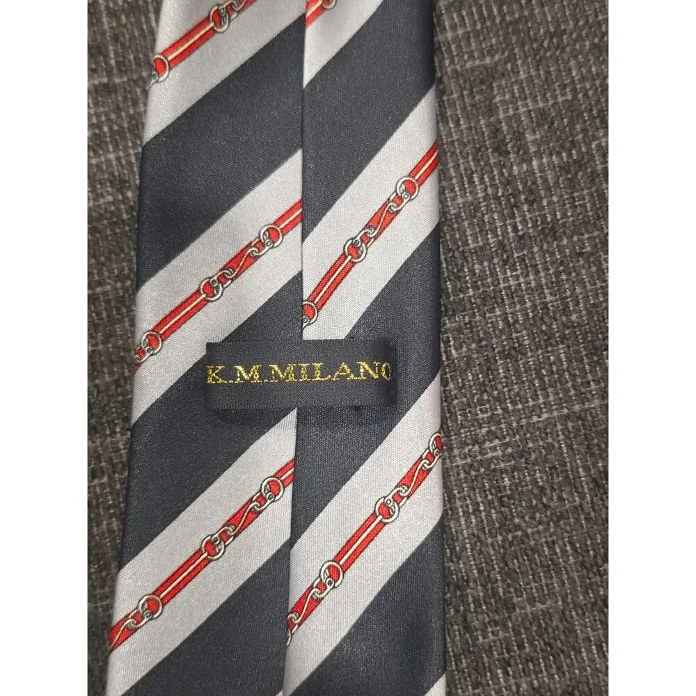 Vintage K.M. Milano Mens Striped Silk Blend Necktie Gray Red Equestrian Chain